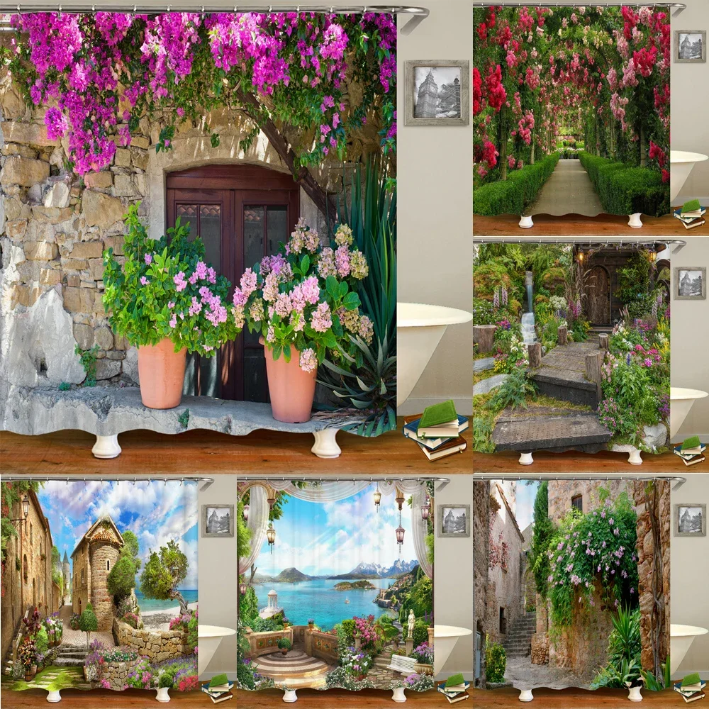 Waterproof Flowers Scenery Shower Curtains, Rural Street, Bathroom Polyester Fabric, Washable Decor, Bath Curtains