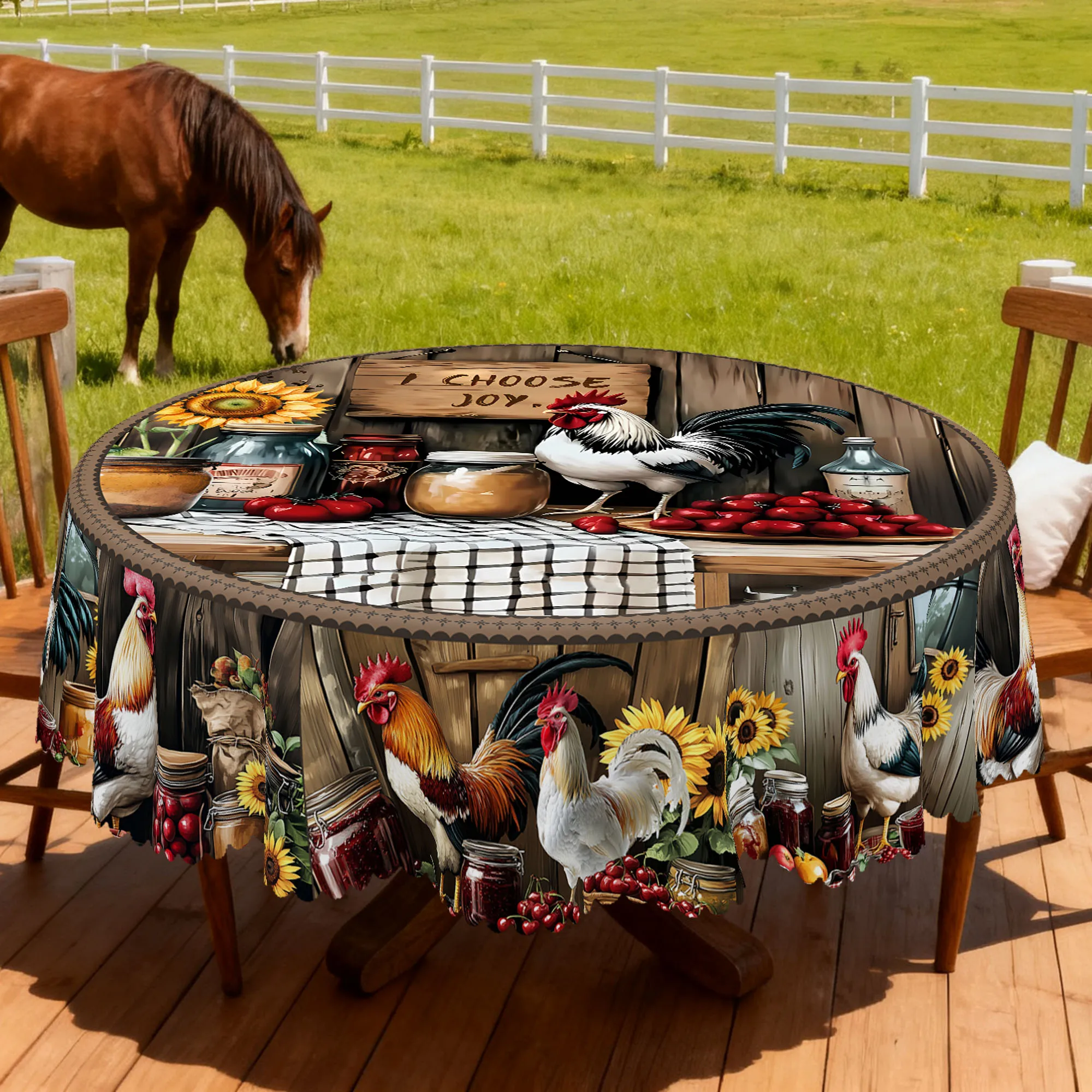 1 Piece of Country-Style Vintage Farm-Themed Round and Rectangular Tablecloth, Available in Various Sizes, Featuring a Central Arrangement of Painted Roosters, Sunflowers, and Vintage Jars, Paired with a Printed Tablecloth with Old Wood Grain Pattern, with Embossed Edges, Suitable for Dining Room, Kitchen, Garden Gatherings, Farm-Themed Parties, and Outdoor Party Decorations
