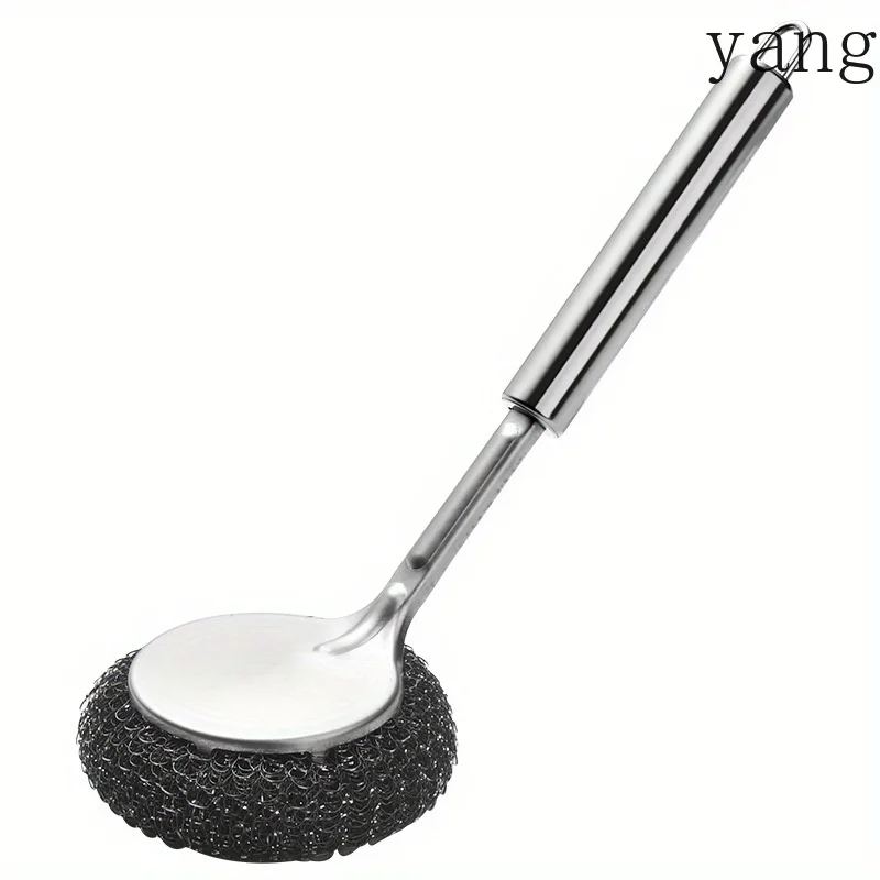 

1pc Stainless steel pot with handle long brush kitchen specific washing pot steel wire ball