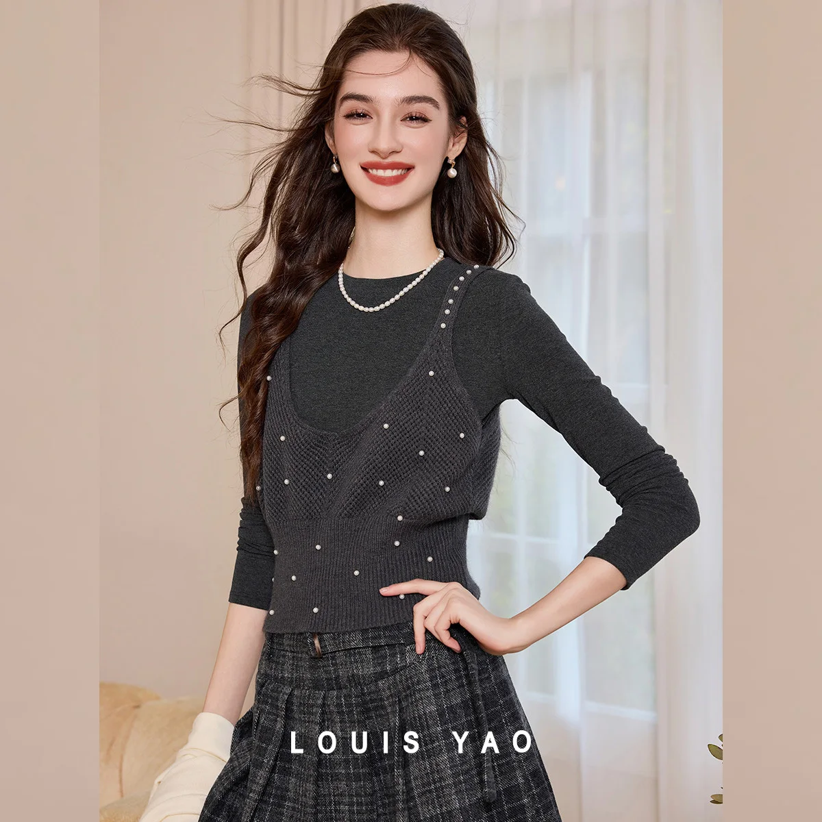 

LOUIS YAO Вязаная рубашка и камзол, комплект из двух предметов, осень/зима 2022, эластичный жилет с длинными рукавами и бусинами для ногтей, женский комплект