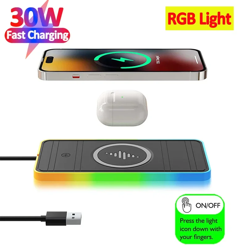 Supporto per caricabatterie Wireless per auto con luce RGB da 30W per iPhone15 14 13 12 Xiaomi Samsung Huawei ricarica Wireless per auto veloce