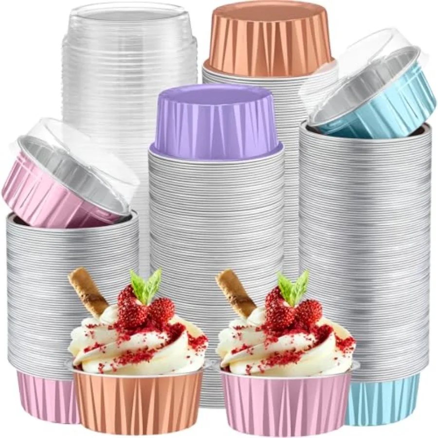 

200 Pack Aluminum Foil Cupcake Liners with Lids, 5 oz Round Baking Cup, Disposable Ramekin Container for Graduation Wedding Mem
