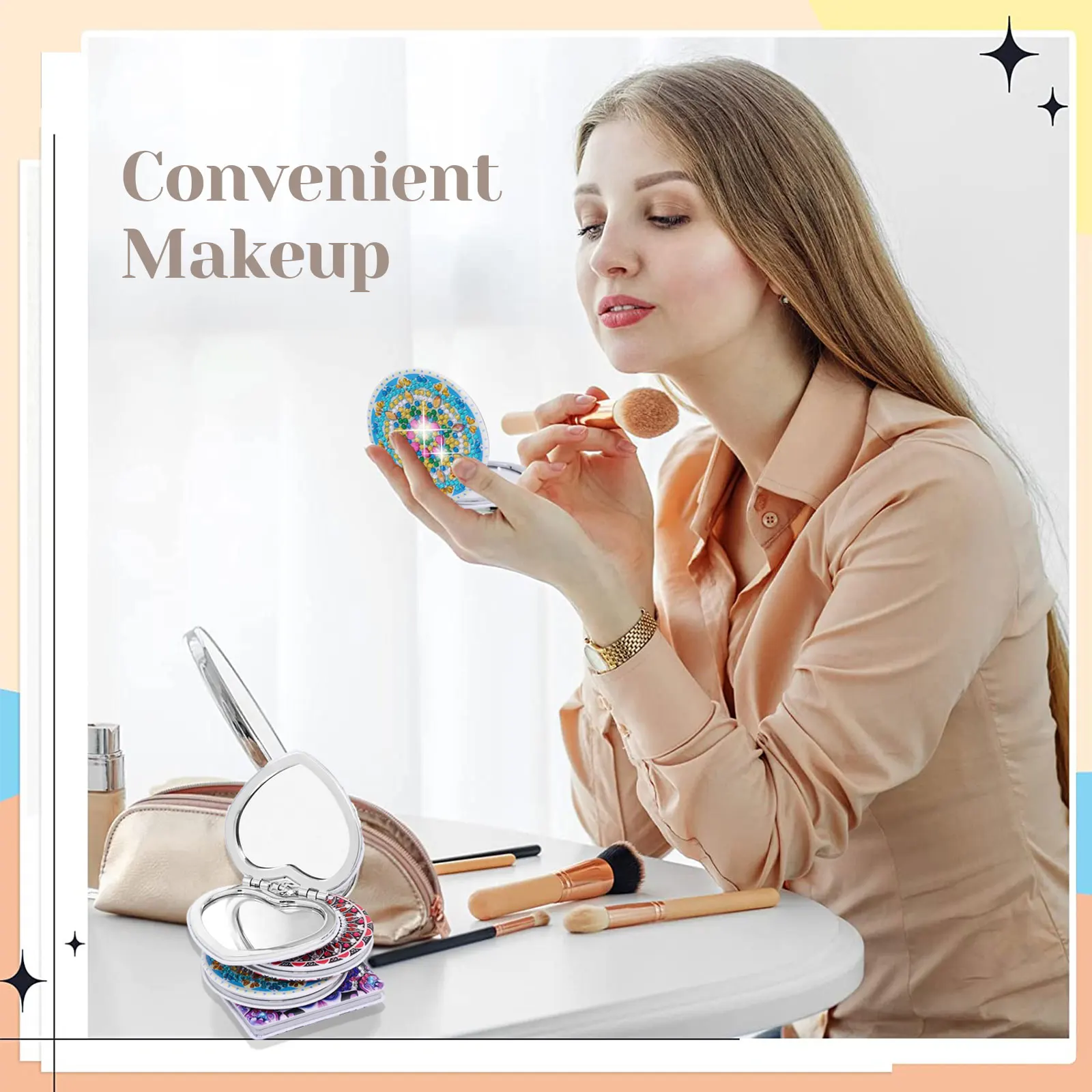 4 قطع مرآة مكياج محمولة يمكنك صنعها بنفسك مجموعة مرآة جيب مطلية بالألماس قابلة للطي على الوجهين للفتيات والأطفال والنساء #3