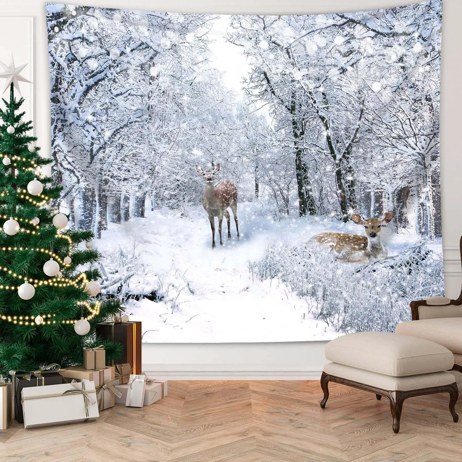 Winter Snow Scenery Forest Christmas Decoration Print Tapestry Christmas Party Decoration Banner Home Studio Wall Mounted Decora