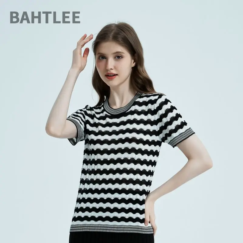 

BAHTLEE-Women's 100% Lyocell Wave Striped Slim O-neck Sweater, Elastic Knit Pullover, Preppy Style, Short Sleeve, Summer