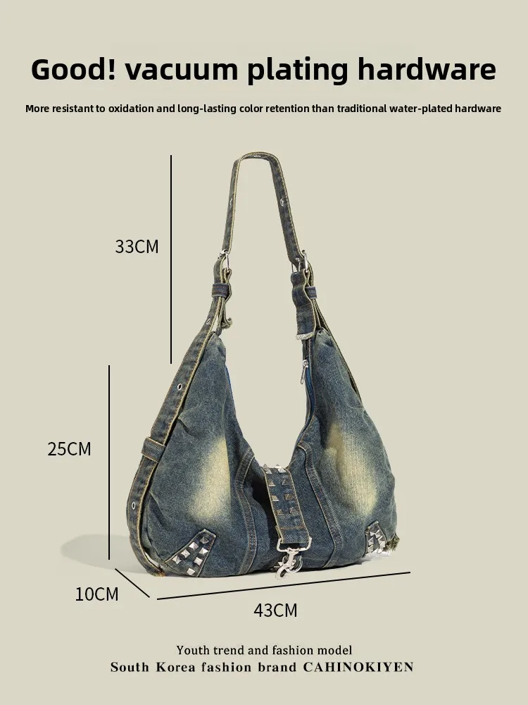 

Large Capaci Denim Motorcycle Underarm Bag Women's Single oulder Bag Retro American Sle Rivet Casual Crossbody Handbag