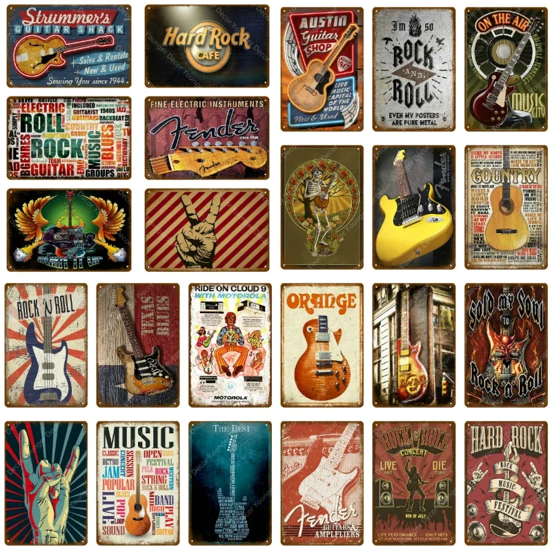 Music Guitar Jam Pop Metal Sign Bar Wall Decoration Vintage Metal Signs Home Decor Rock Roll Fender Painting Plaque