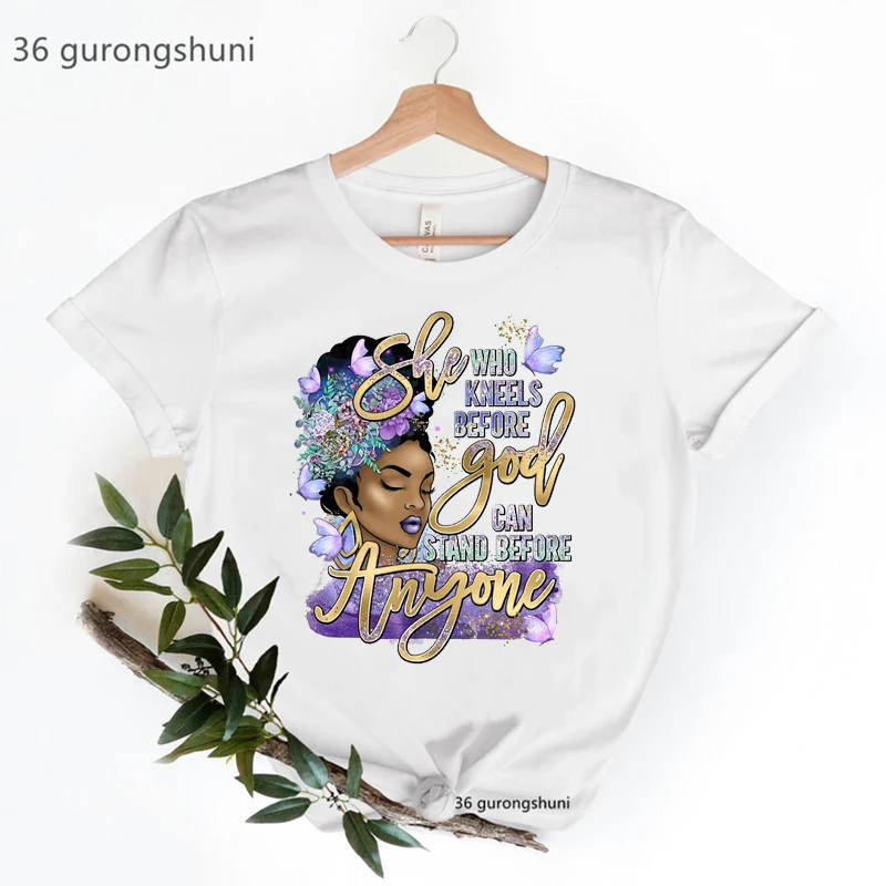 Akwarela czarna dziewczyna magiczny wydruk graficzny koszulki kobiety ona jest silna melanina T Shirt Femme złota brokatowa modny Top Tee Shirt