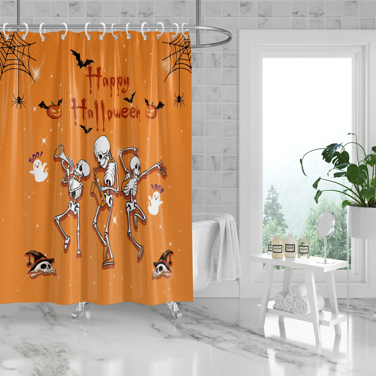 Orange Skull Printed Shower Curtain Gothic Skeleton Bath Curtains with Hooks for Bathroom Home Decor