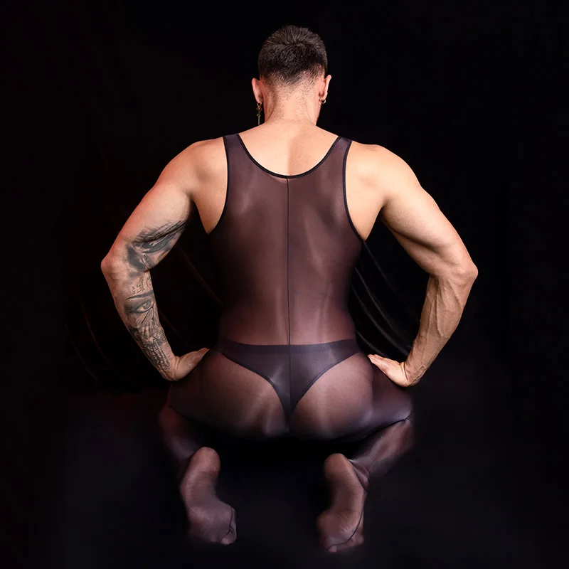 ملابس داخلية مثيرة للرجال لباس ضيق بدون أكمام ملابس داخلية مثيرة قطعة واحدة بذلة زيتية لامعة ناعمة قابلة للتمدد ملابس جنسية إباحية