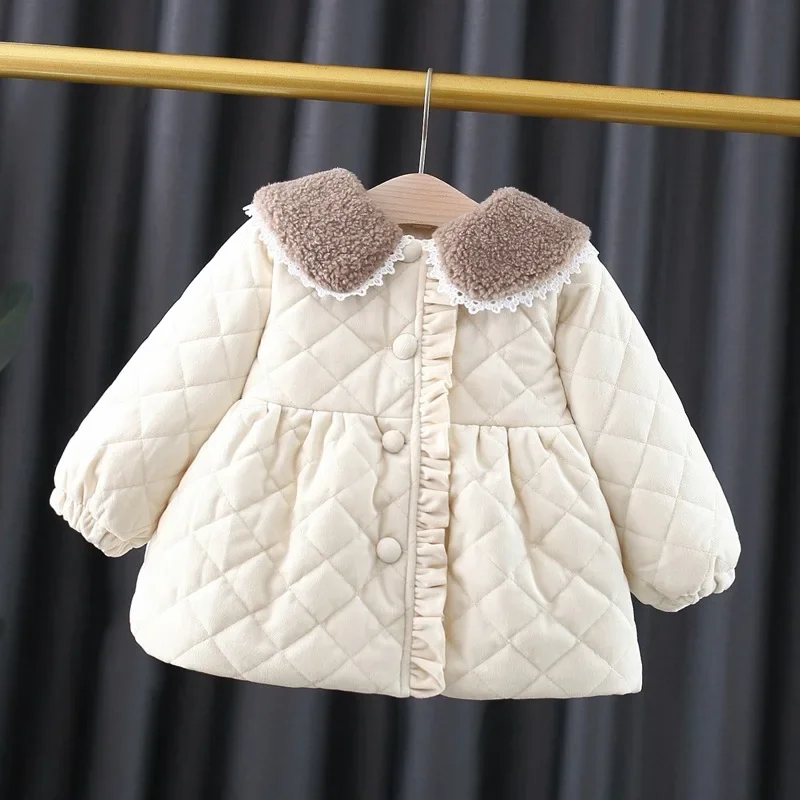 Snow Wear Girls Coat Autumn Winter Korean Children Solid Color Thickening Plush Warm Cotton Baby 2023 Plaid Soild