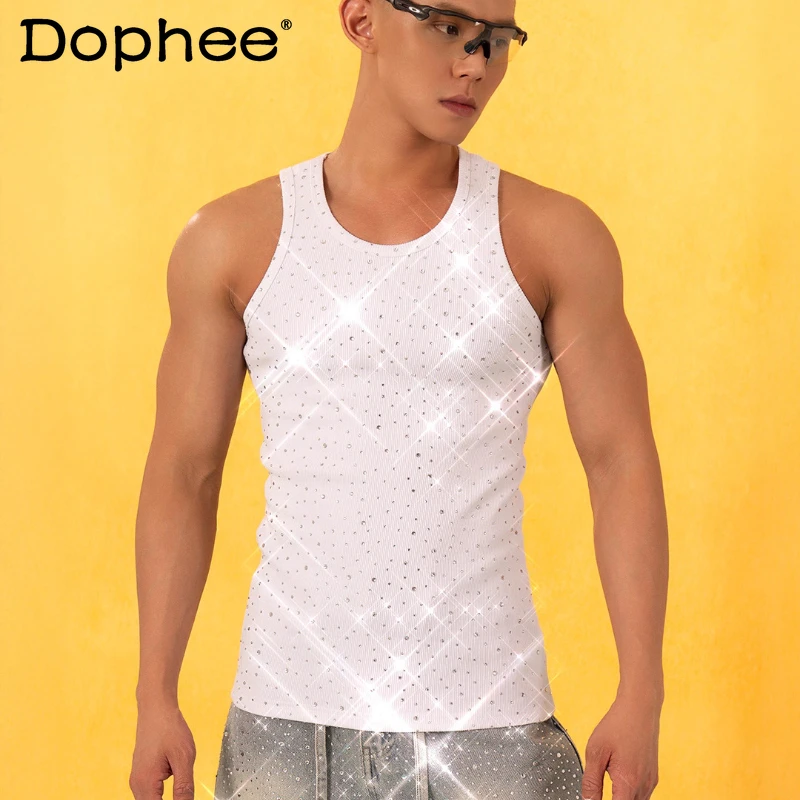 

Men's Women's 2025 Summer New Metal Decorative Vests Trendy Sexy Slimming Solid Color Tank Tops Flash Full Diamond Elastic Vests