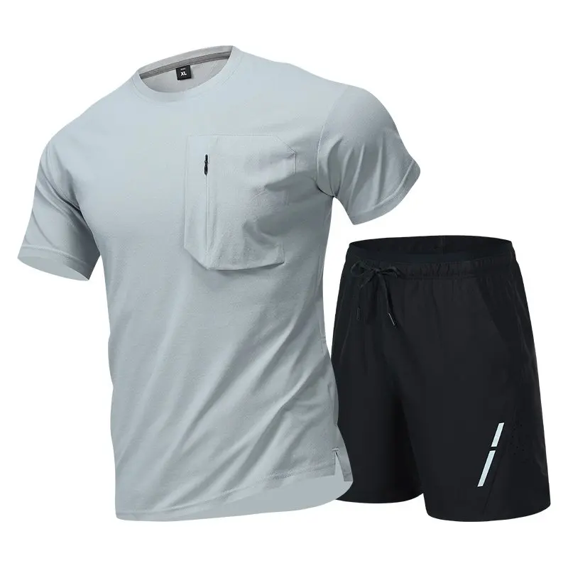 

Men's Quick Dry 2-Piece Sports Set, Breathable Cooling T-Shirt with Zipper Pocket & Shorts for Running, Gym and Summer Wear