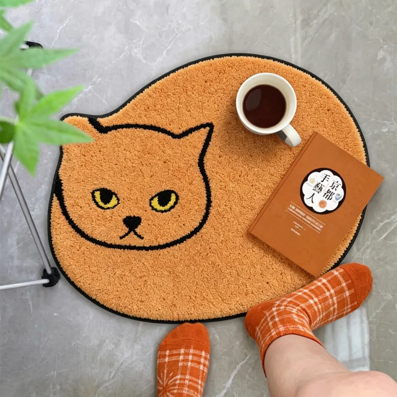 VIKAMA Cute Orange Cat Shaped Plush Doormat Black Trim Cartoon Kitten Non‑Slip Absorbent Mat For Entryway Hallway Home Decor