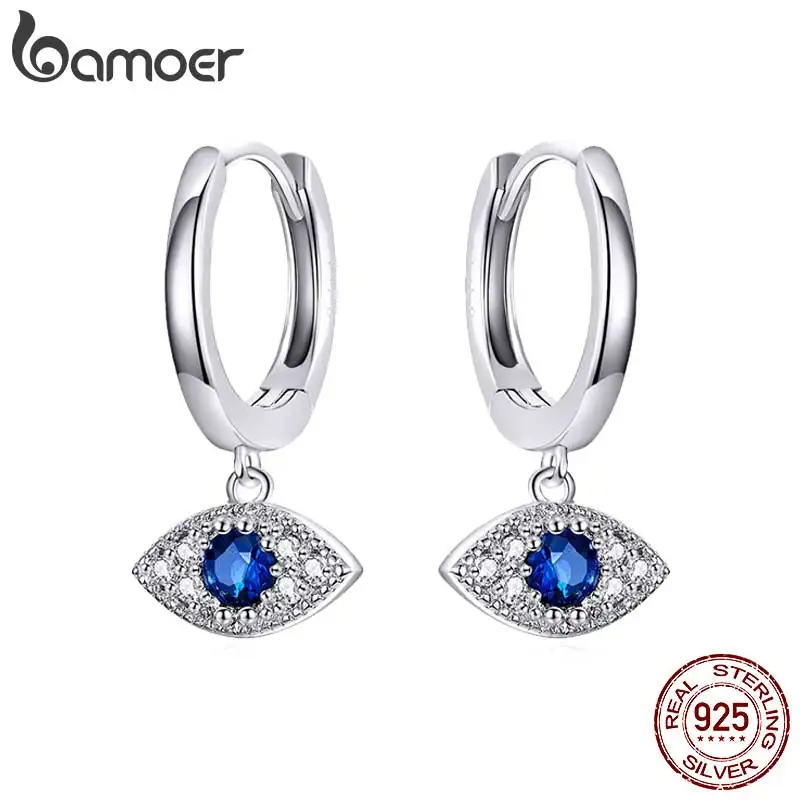 

Bamoer, Стерлинговое Серебро 925 пробы, серьги-капли с голубым сглаза, блестящие циркониевые пряжки для ушей, для женщин, подарок на день рождения, ювелирное изделие, BSE274