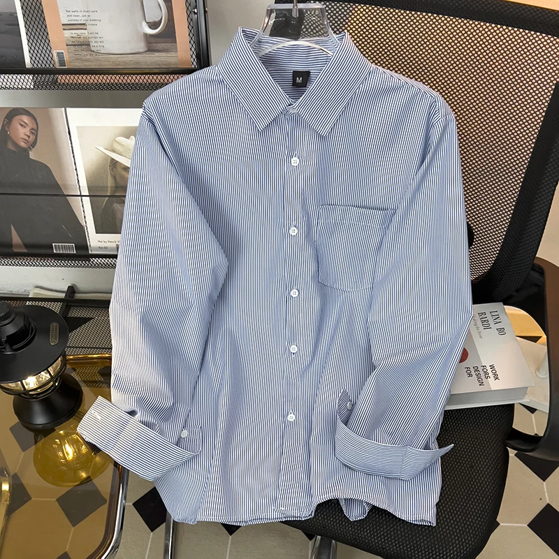 

2024 Men's Striped Long Sleeve Business Shirts Casual Check Loose Tops Male Social Dress Button Classic Blouses Clothing N87