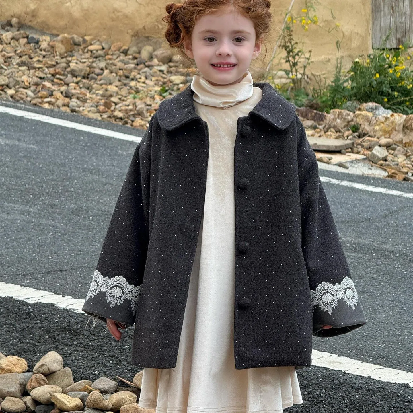 

Korean Children's Clothing 2025 Winter New Style Girls' Coat Gray Bright Diamond Clip Cotton Coat Medium Long Style