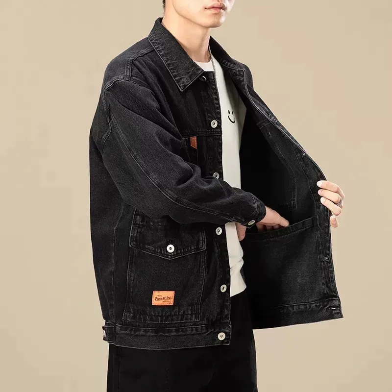 Worn-Resistant Long Sleeve Men's Jeans Jacket for Work Spring Autumn Multi-Pocket Casual Cotton Jacket Youth Fashion