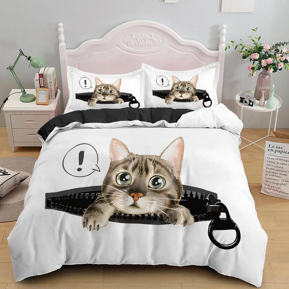 3D Cat King Queen Duvet Cover Cute Cartoon Kitty Bedding Set for Kids Teens Adults Pet Animal White 2/3pcs Polyester Quilt Cover