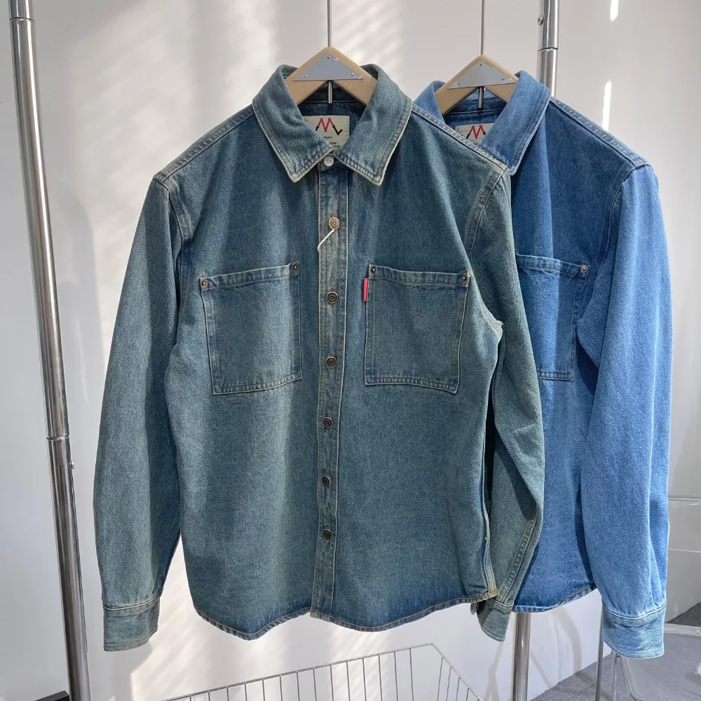 

Fashionable men spring and autumn new copper buckle thick nostalgic washed denim shirt men retro casual loose shirt coat
