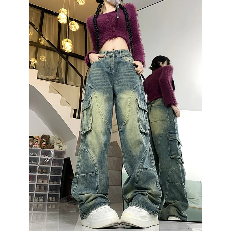 

WCFCX STUDIO Y2K Baggy Wide Leg Jeans For Women Vintage Loose Casual Straight Trousers High Streetwear Pockets Denim Long Pants