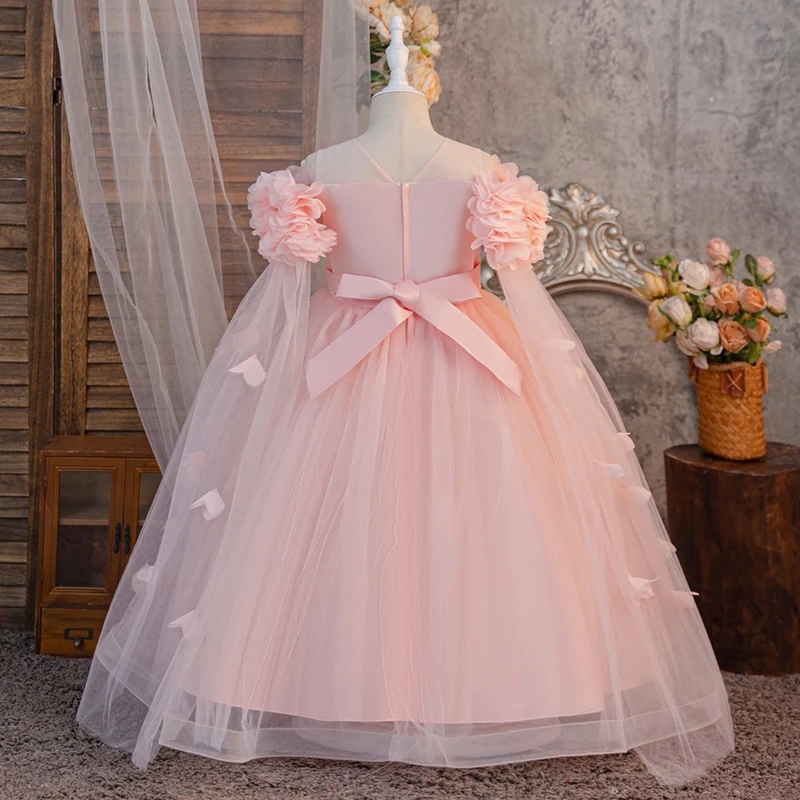 매혹적인 화이트 소녀용 정장 드레스, 스쿱 넥과 긴 튤 소매, 플라워 걸 드레스, 바닥까지 닿는 트레인 소녀 드레스