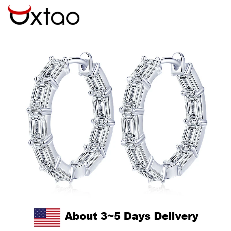 

OXTAO D VVS1 Emerald Cut Moissanite Hoop Earrings 925 Sterling Sliver Luxury Trendy Earrings for Women Versatile Female Jewelry