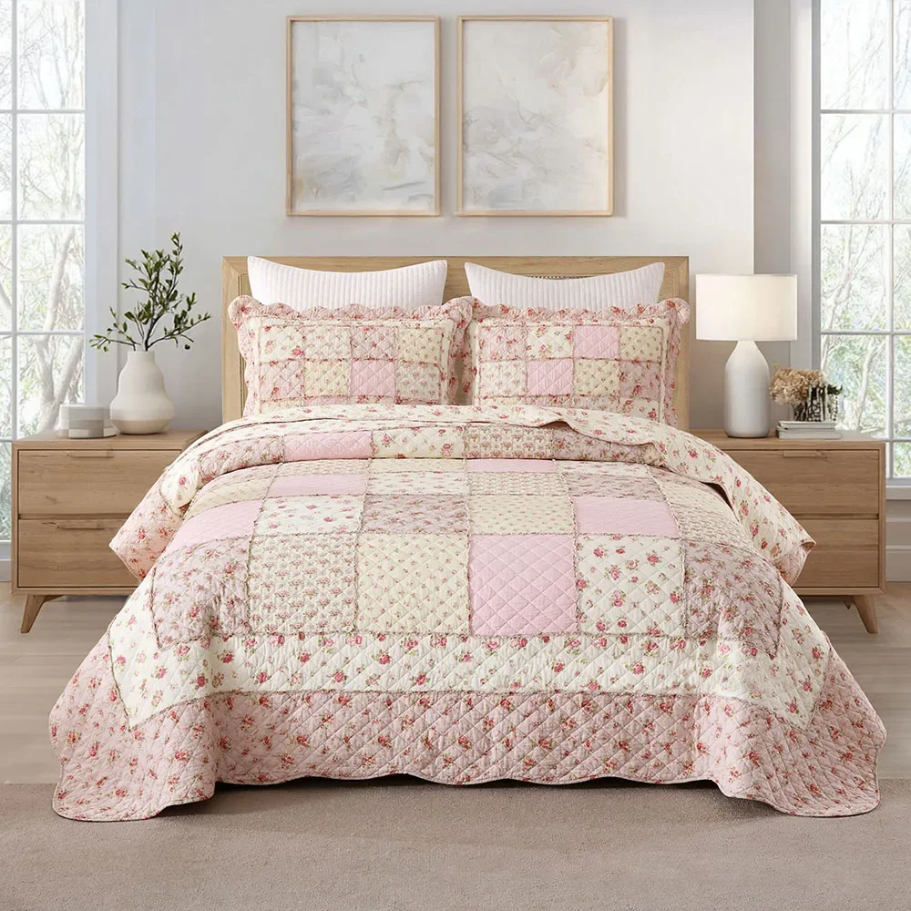 Pink Floral 100% Cotton Quilted Bedspread Set 3PCS King/Queen Size Patchwork Quilt Coverlet All-Season Comforter Blanket for Bed