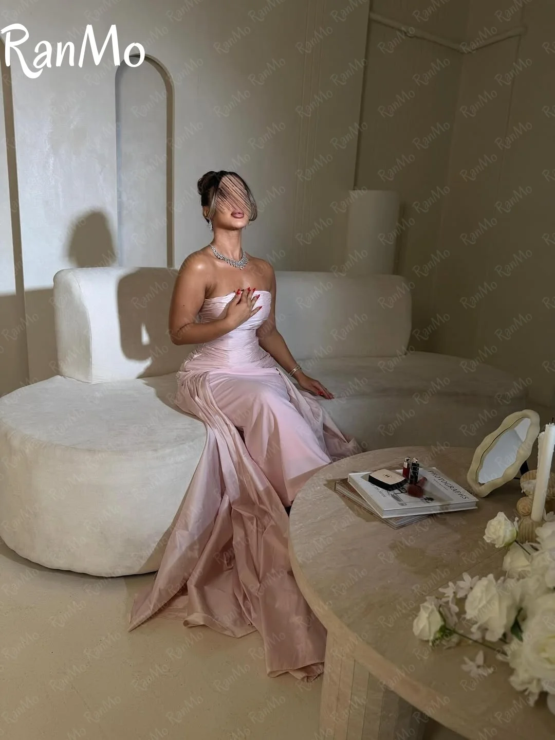 Ranmo Simple Pink Mermaid Evening Dress Strapless Pleats Ankle-Length Sleeveless Prom Dresses فساتين سهرة Customized