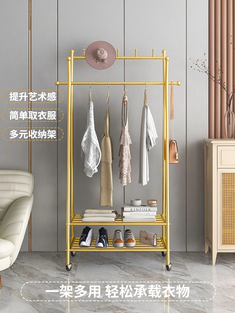 Light luxury clothes rack bedroom hanger landing belt wheel movable drying rack room home simple hanging clothes rack