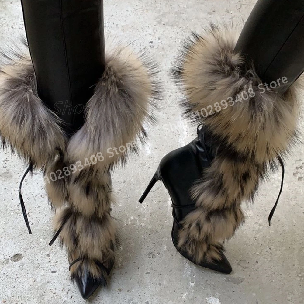 

Black Feather Decor Strappy Mid Calf Boots Winter Snow Boots Stiletto High Heel Women Shoes 2025 Autumn Hot Girls Para Mujere