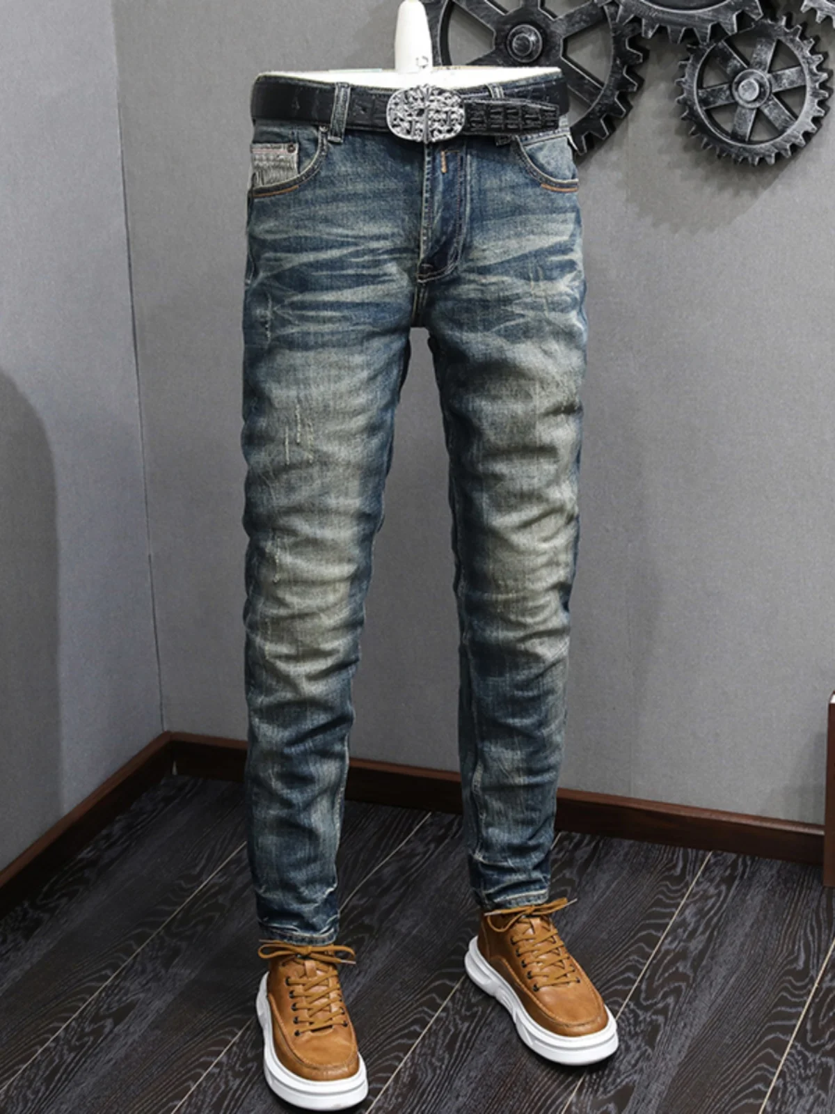 

High-End Retro Men's Jeans Elastic Straight Leg Casual Long Pants mid Waist Cotton Stretch Denim Youthful Sle Autumn Wear