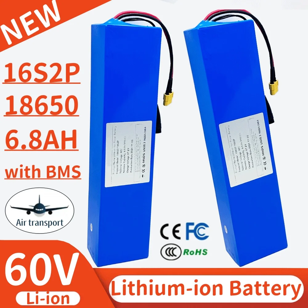 16s2p battery pack 60V 6800mAH rechargeable lithium battery with BMS, suitable for 60V Scooter etc for transportation tools