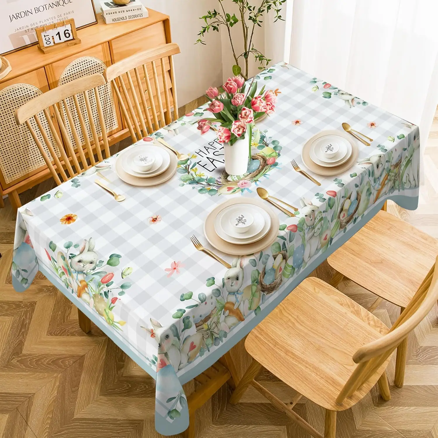 Easter Bunny Eggs Eucalyptus Plaid Tablecloths Dining Table Decor Spring Tulip Flowers Waterproof Table Cloth Easter Decorations