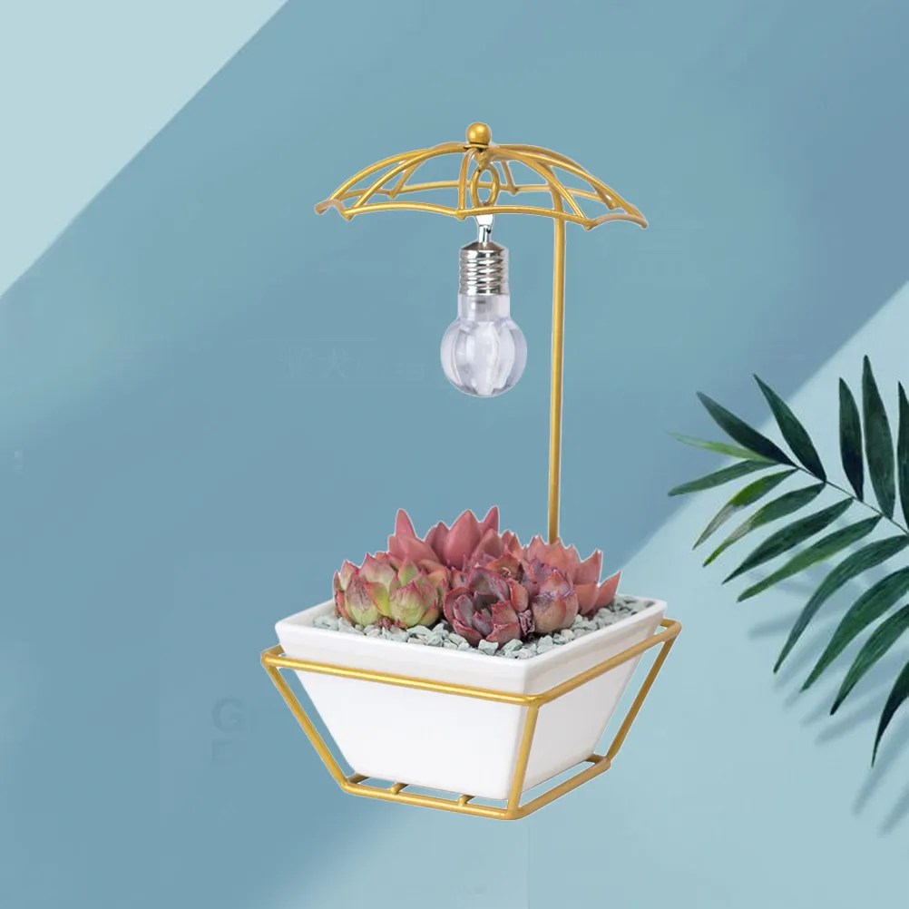 1Set Creative Light Bulb Shaped Ceramic Succulent Flower Pot Golden Iron Rack Home Office Storage Container