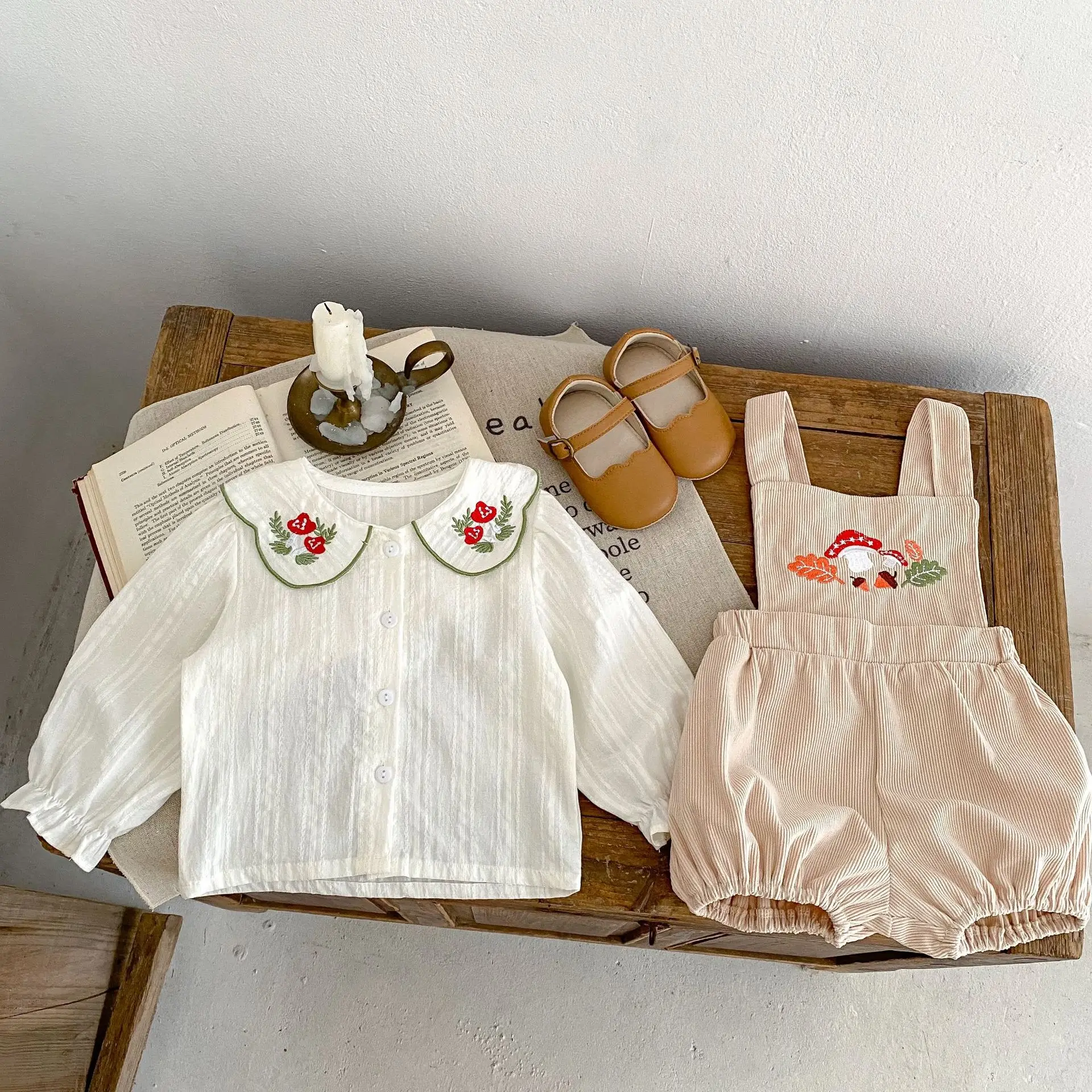 Spring New Baby Clothing GIRL\'s Fashion Versatile Embroidered Polo Collar Cardigan Top+Strap Pants 2-piece Set