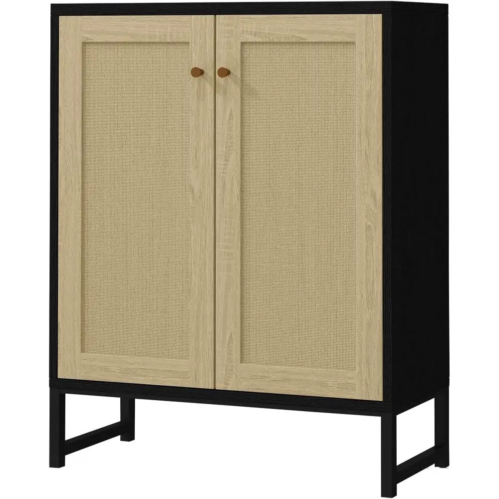 Rattan Decorated 2 DoStorage Cabinet Accent Cabinet Living Room Cupboard Kitchen Sideboard Buet Table (Black)