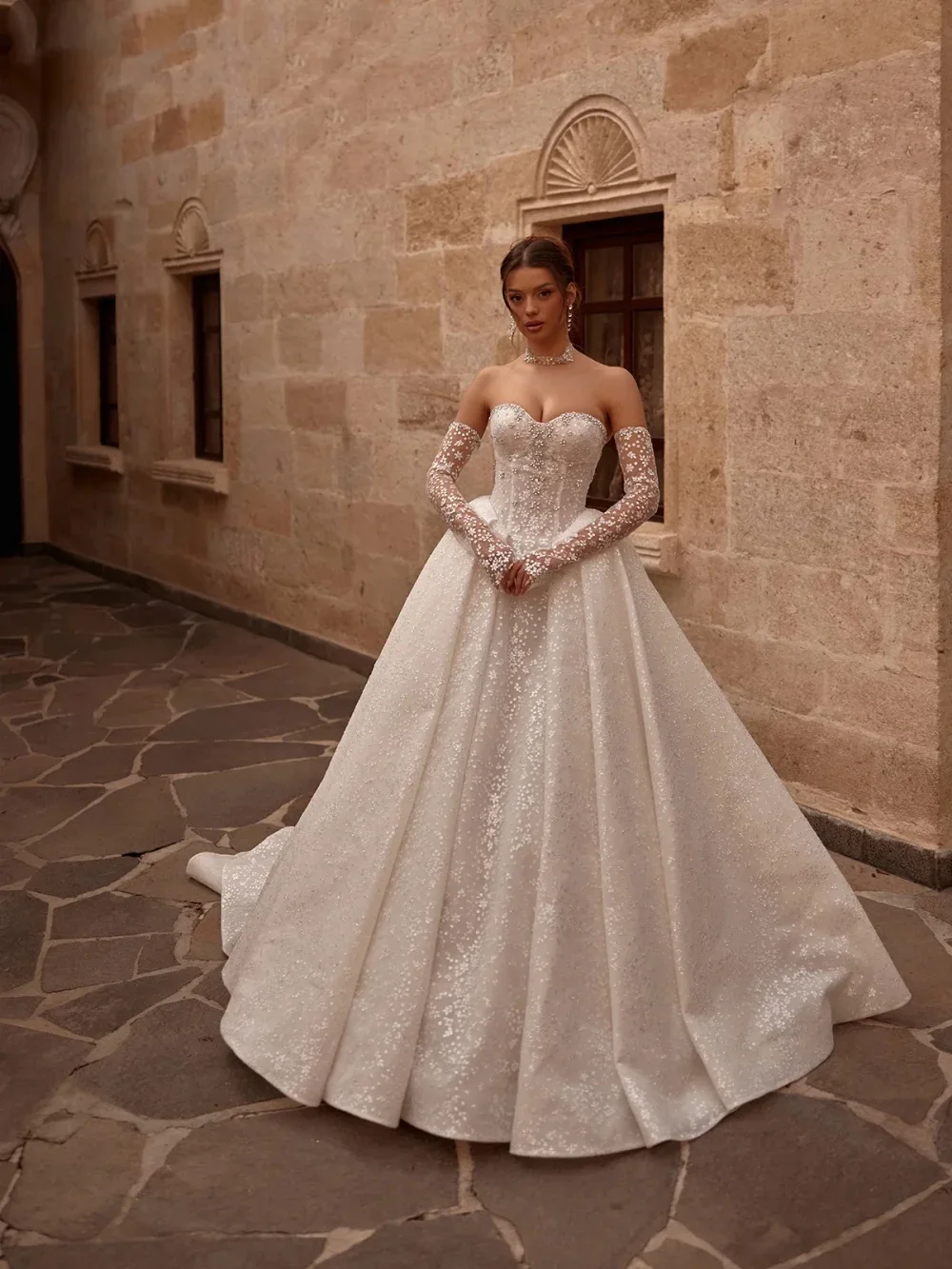 

Customized Glitter Tulle Wedding Dress Detachable Sleeve Sweetheart Neck Bridal Gown A-line Dresses For Woman Vestido De Novia