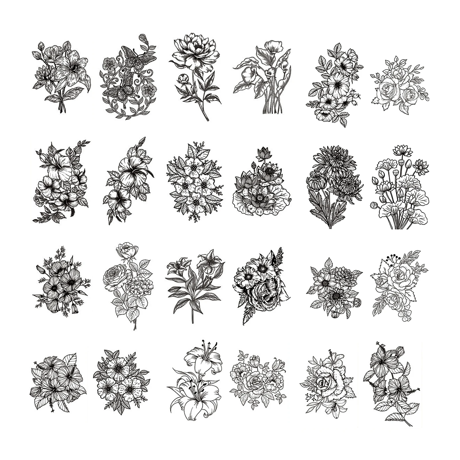 24pcs Black and White Flower Tattoo Stickers Temporary Tattoo Stickers Arm Thigh Clavicle Hand Back Waterproof Cover Scar