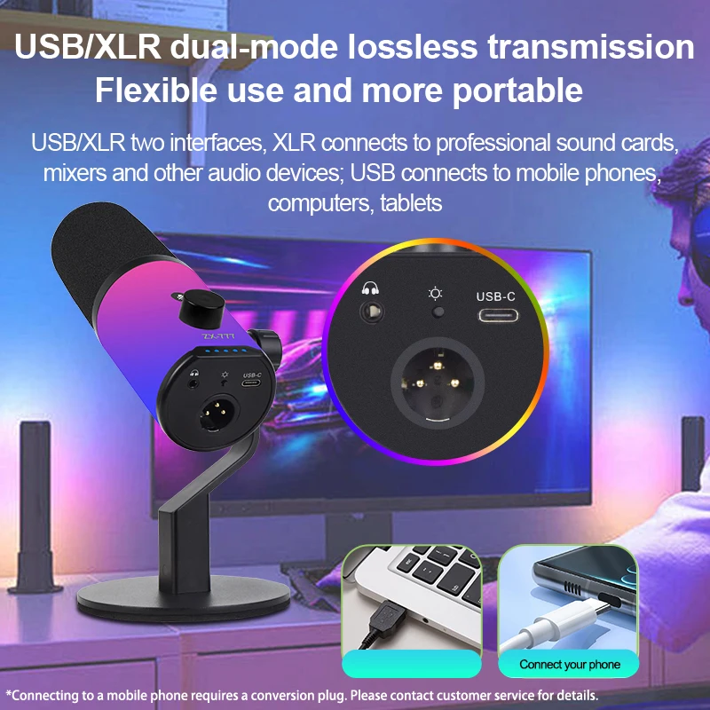 USB RGB dynamic microphone for live streaming, podcast recording, and gaming streaming. XLR/USB dynamic microphone