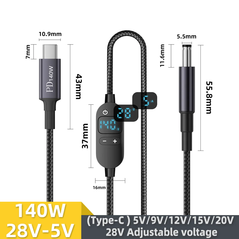 yZ[zUSB C - DCdP[u 140W ^CvC - 5V 9V 12V 15V 20V 28V \dA_v^[RlN^R[h m[gp\R/[^[p