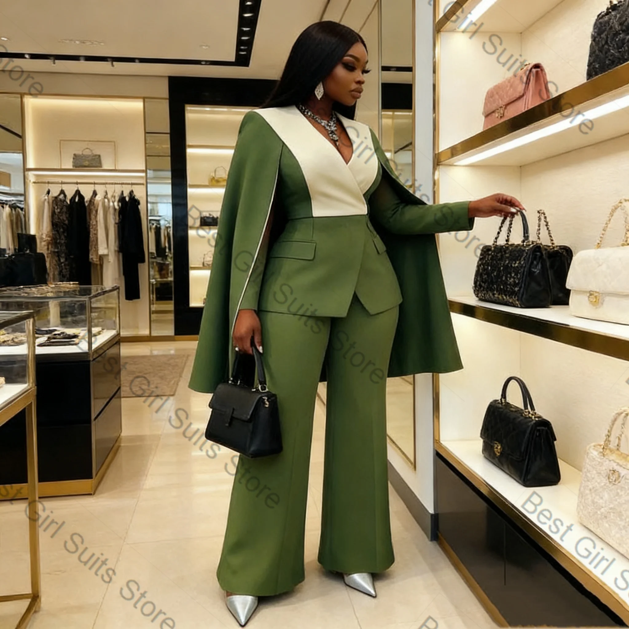 

White Green Cape Women Suit Set 2 Piece Wrap Blazer+Pants Cotton Spring Formal Office Lady Jacket Customized Wedding Coat