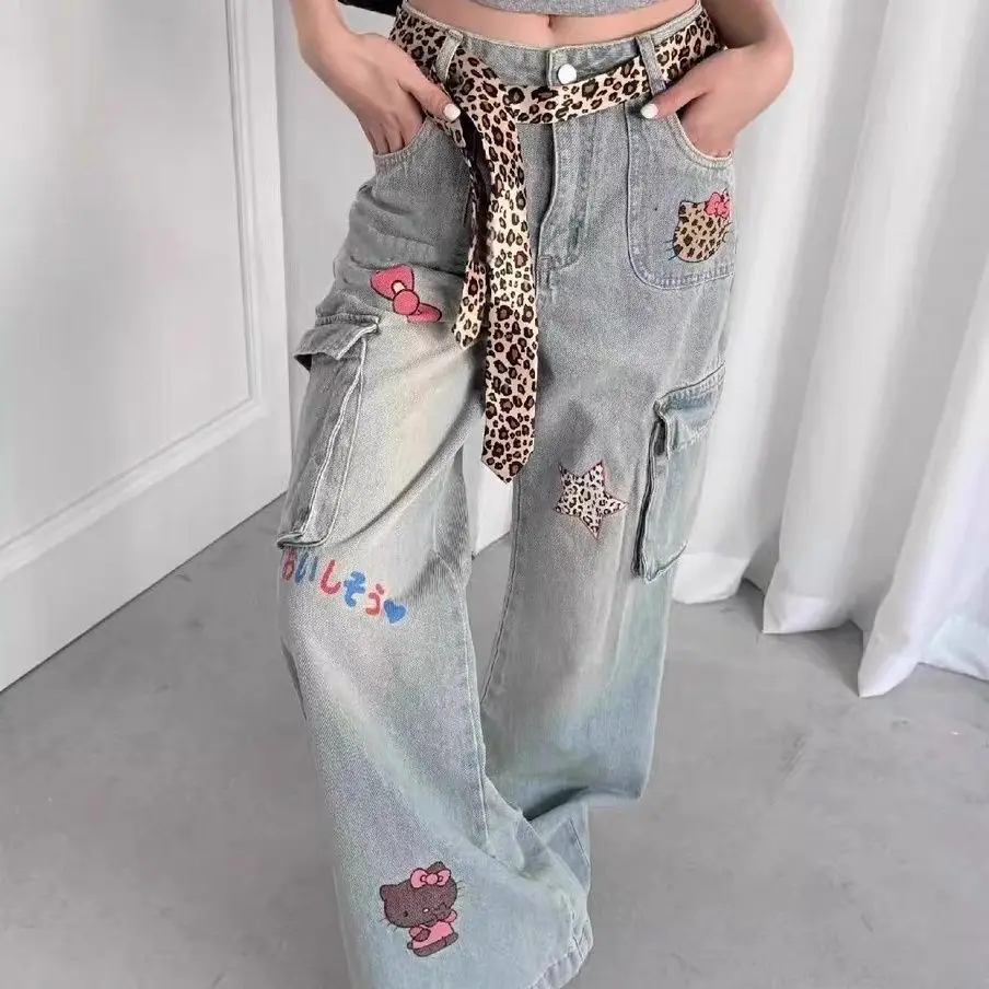 

Sanrio Hello Kitty American Style Multi Pocket Jeans Leopard Print Trendy Loose Wide Leg Pants Women's New Style Versatile Jeans
