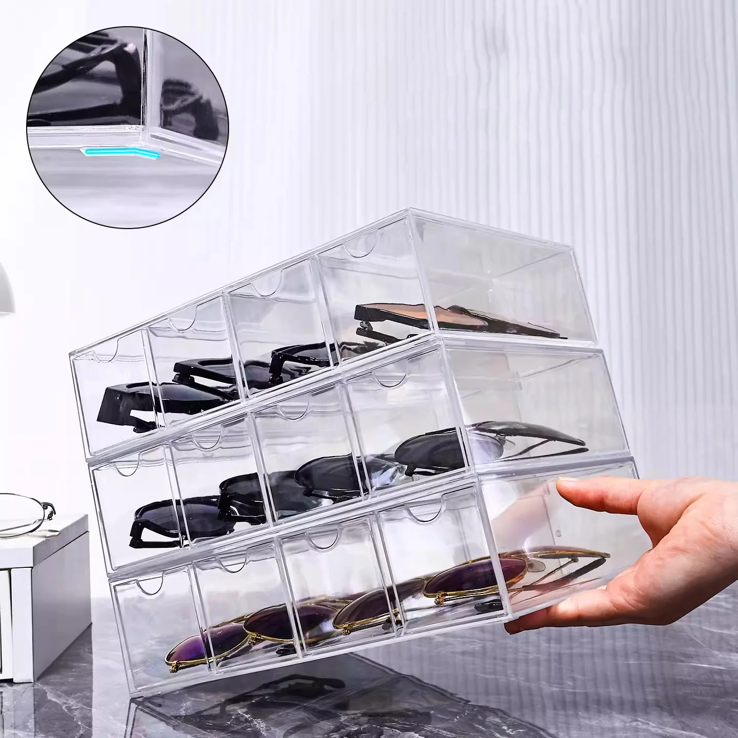 Brillen-Aufbewahrungsbox für Zuhause, transparente Schublade, mehrteiliger Organizer für Sonnenbrillen, Acryl-Mehrschicht-Displayständer – Detail 2