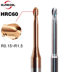 SUREWEL hrc60 milling cutter 2flute micro diameter cutter R0.15-R1.5 Long neck ball milling cutter