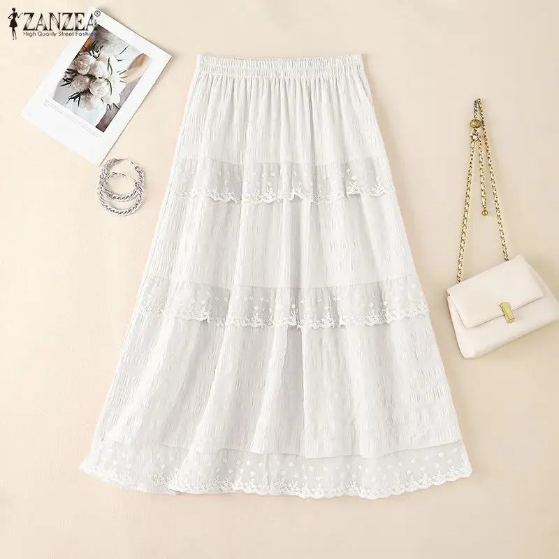 2026 ZANZEA Summer Lace Patchwork Overskirts Casual Holiday Jupe Women Casual Elastic Waist Skirt Elegant A-line OL Work Faldas