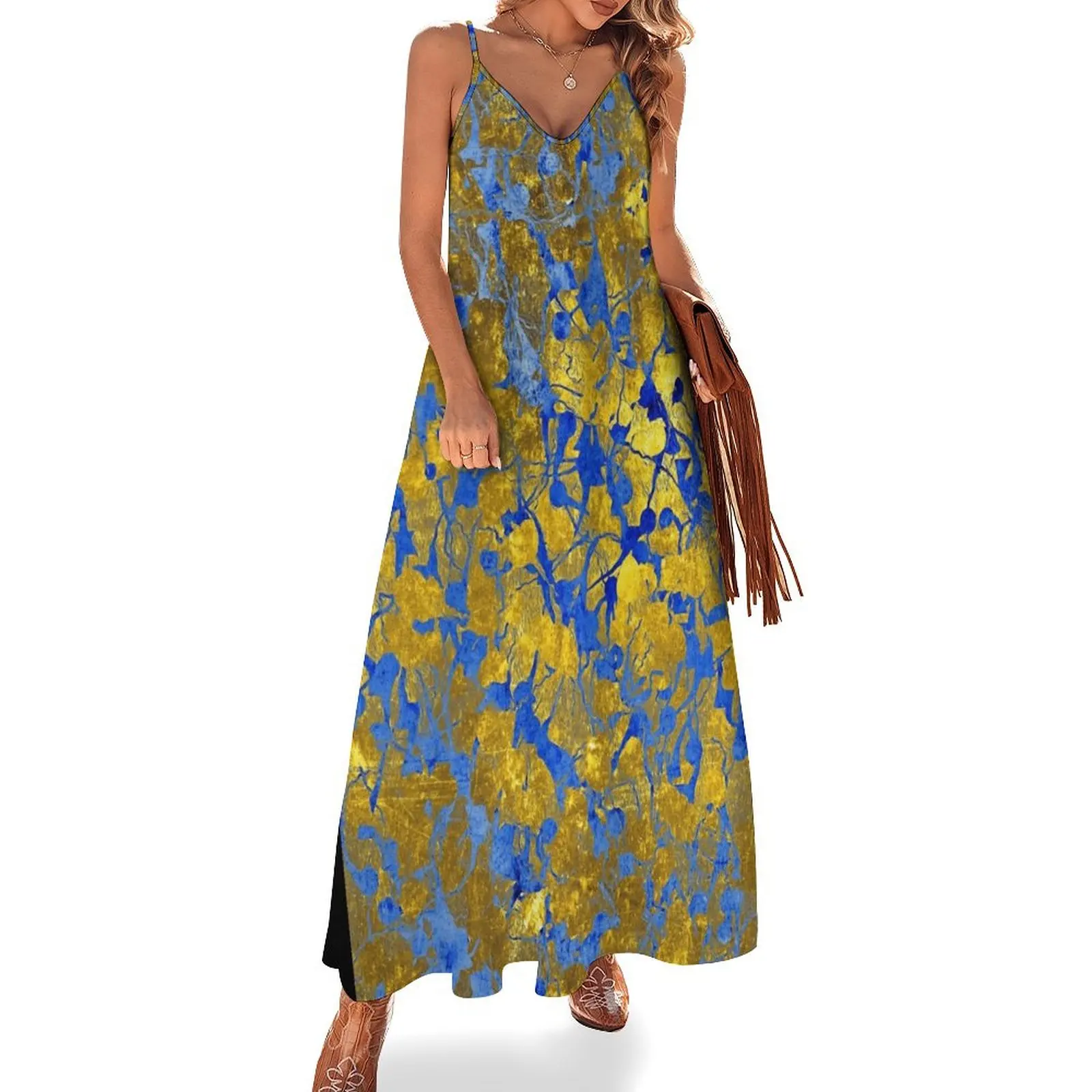 

Blue Splash on Gold Sleeveless Dress clothing women summer 2024 woman dress