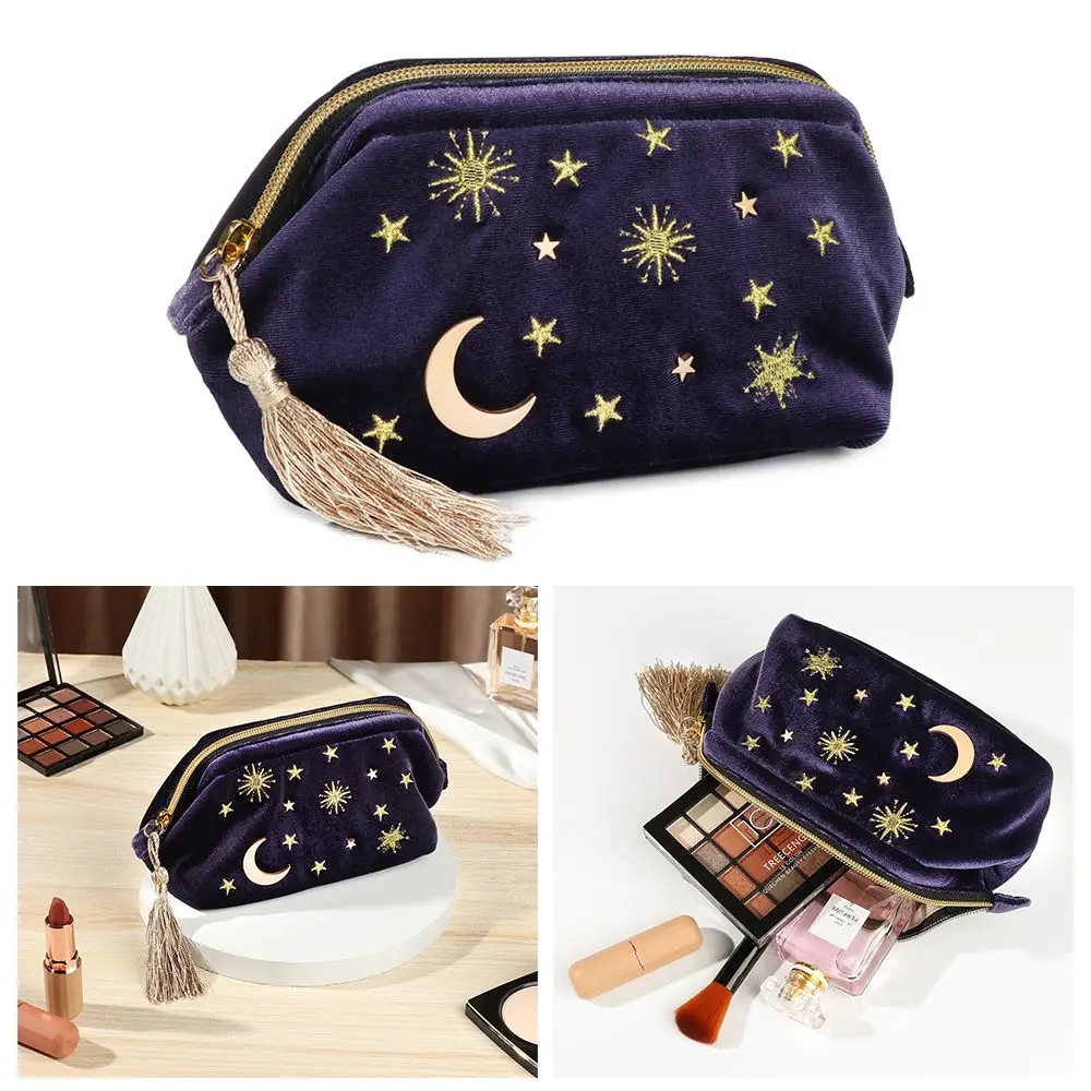 Girl Jewelry bag Organizing Brush Pouch Portable Embroidered Velvet Cosmetic Bag Star Moon Pattern Make Up Bag