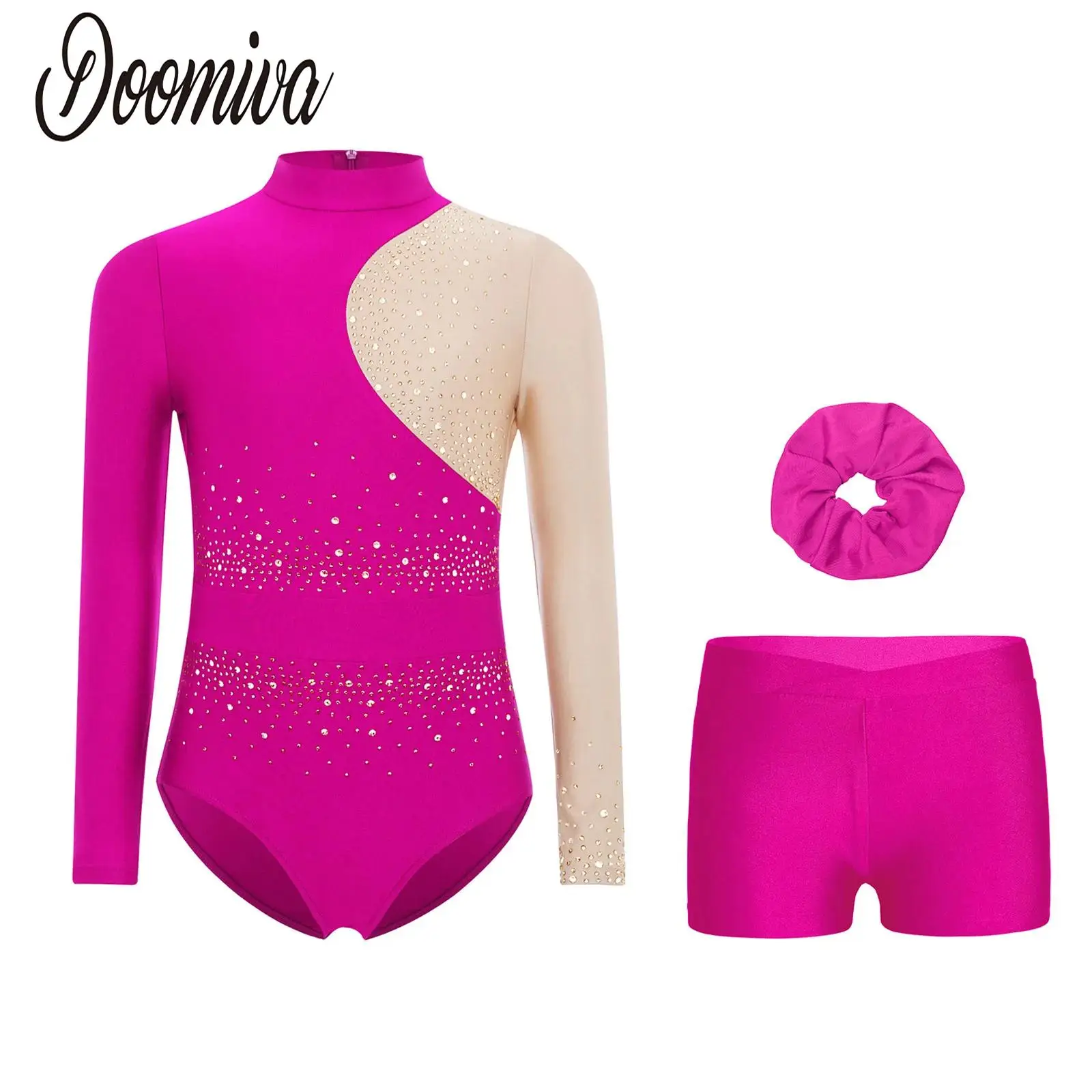 

Kid Leotard Skating Gymnastics Dance Performance Outfit Set Girls Long Sleeves Sparkly Rhinestones Bodysuit Shorts And Hair Band