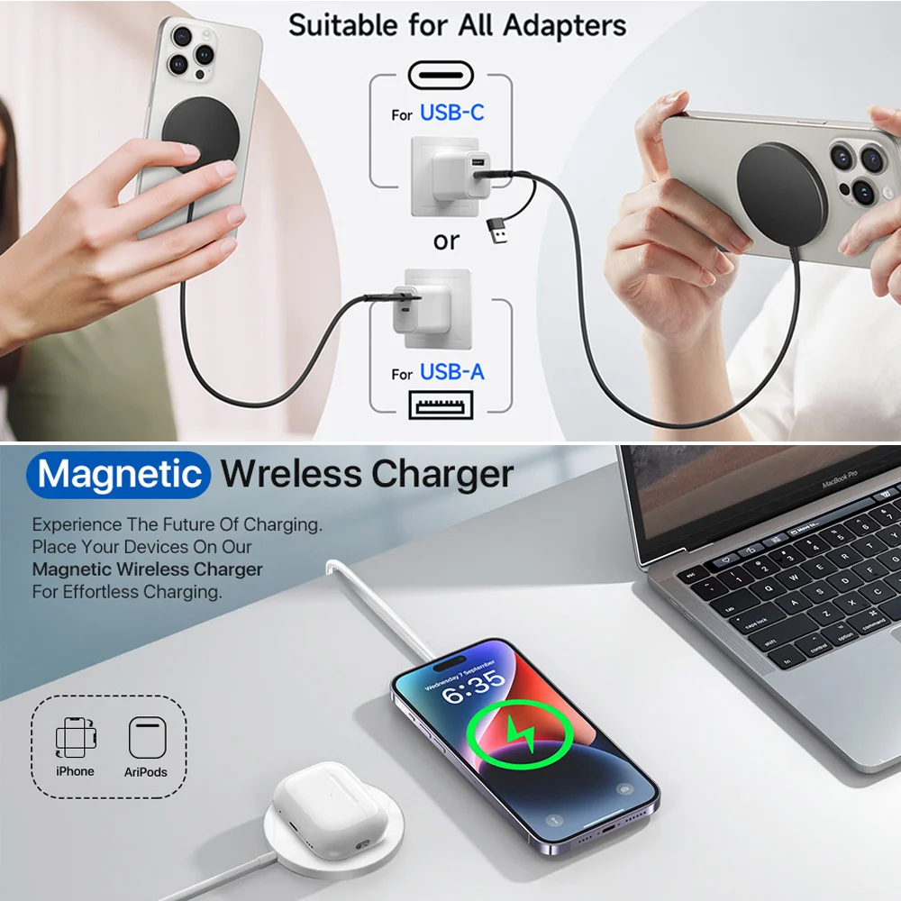 شاحن لاسلكي محطة شحن مغناطيسية لهاتف iPhone 17/16/15/14/13/12 pro Max Airpods مع كابل من النوع C